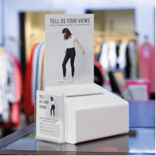 White Acrylic Suggestion Box with Poster Header & Side Pocket — Versatile, Professional & Display-Ready White Acrylic Suggestion Box with Poster Header & Side Pocket — Versatile, Professional & Display-Ready
