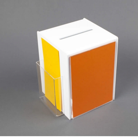 white acrylic suggestion box with a5 message holder